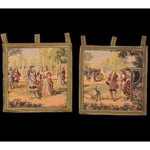 Corona Decor Set 2 French Tapestry Victorian Scene 10.5" Square Hand Woven Vtg